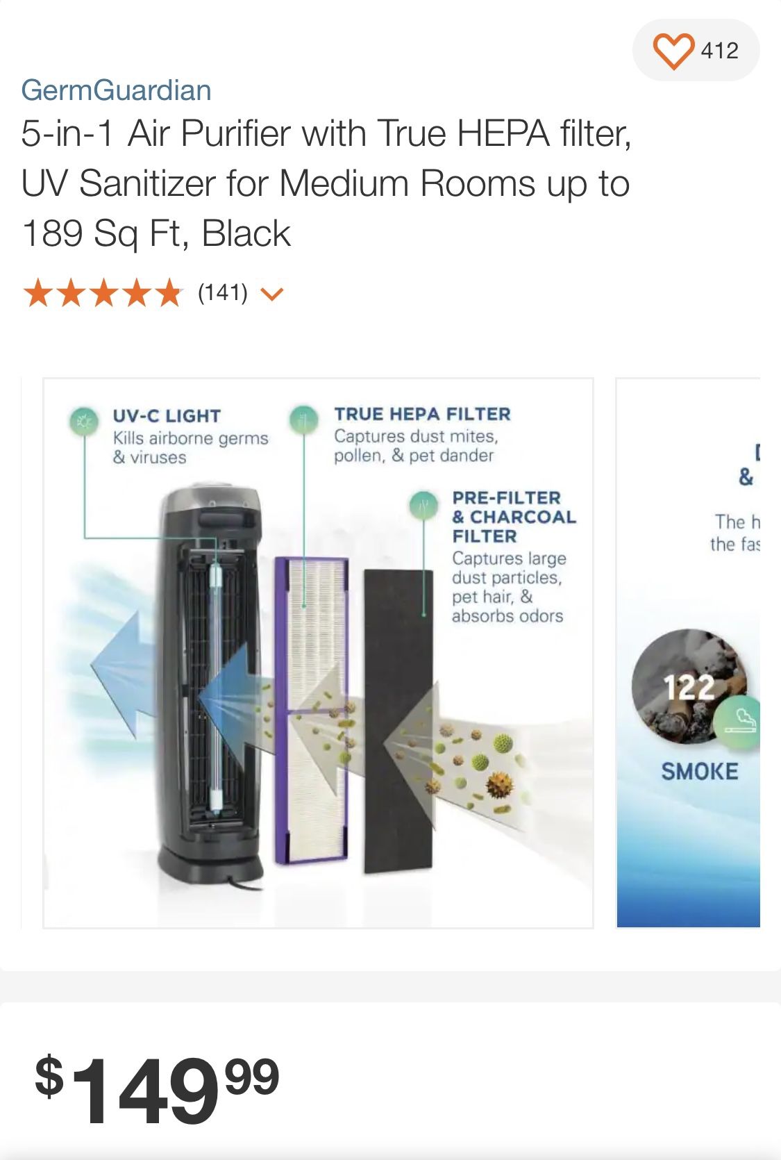 GermGuardian 5-in-1 Air Purifier with True HEPA filter, UV Sanitizer