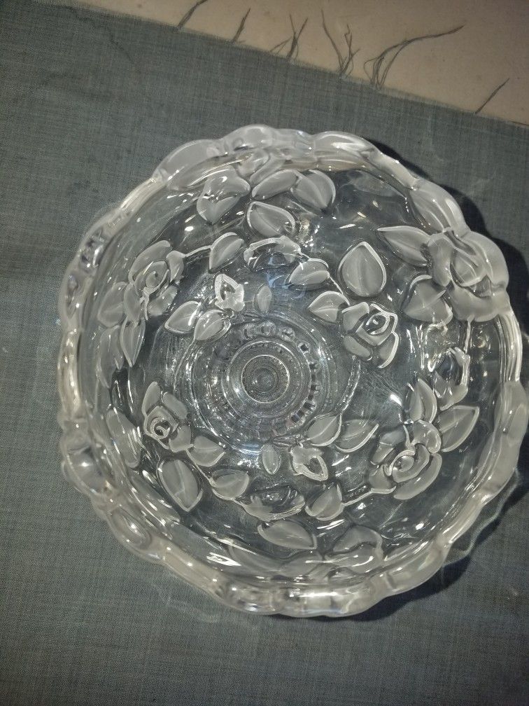 Small Crystal candy/ nut dish raised rose and leaf design 5 1/4" diameter X 5" tall A127Z593