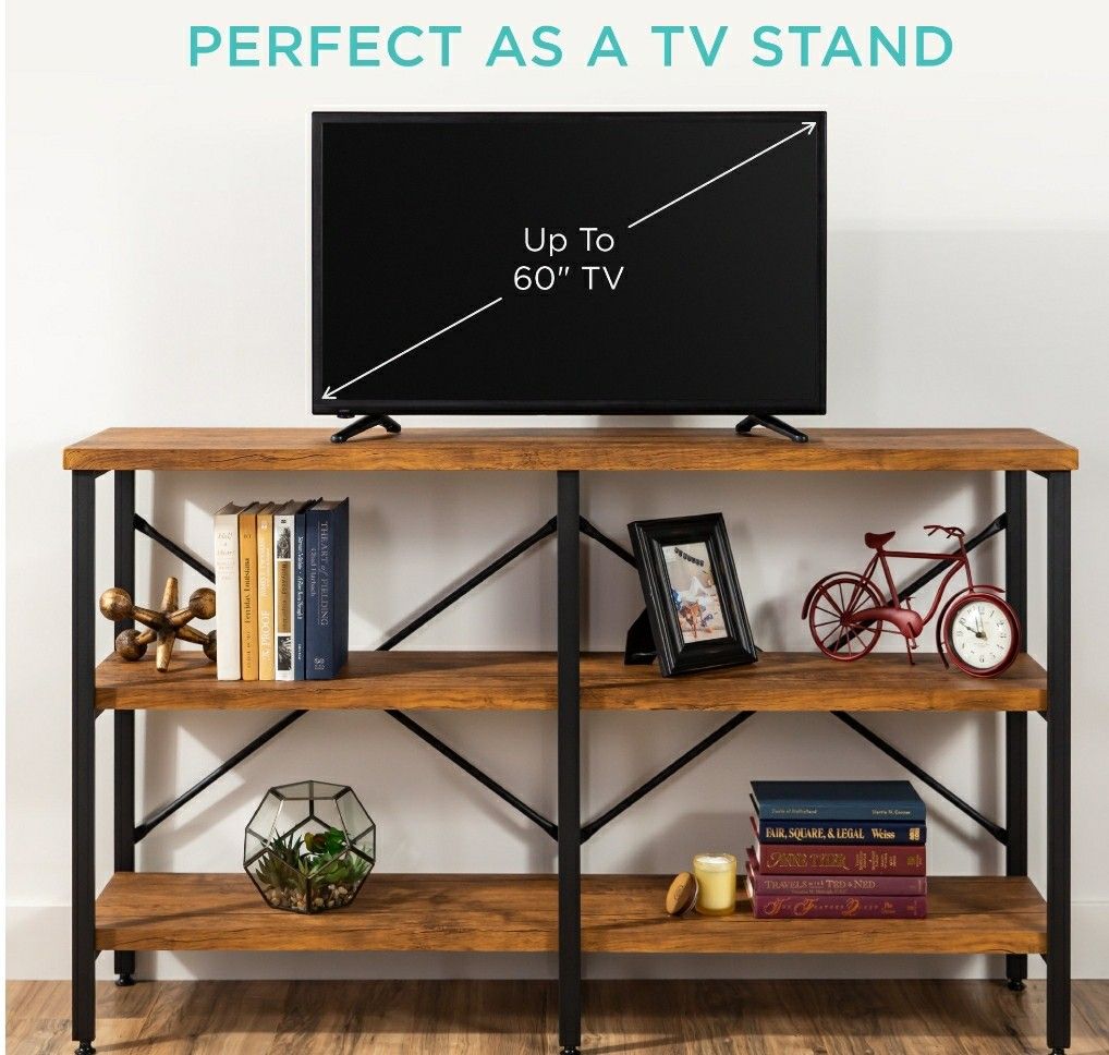Rustic 3-Tier Console Table for Living Room, Entry w/Non-Scratch Feet, Grain Finish, Steel Frame