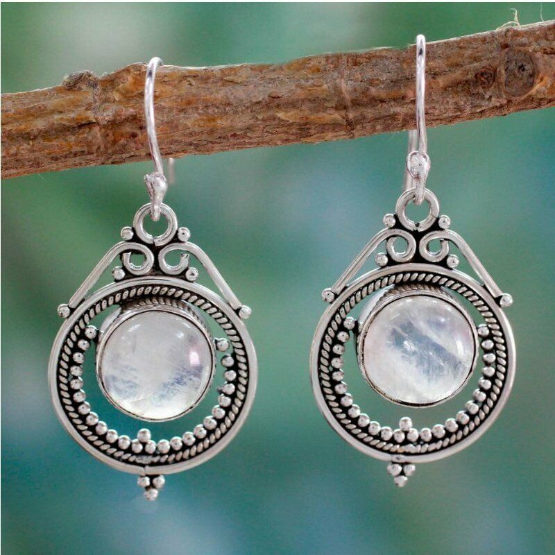 Round Moonstone Dangle Hook Earrings *See My Other 200 Items*