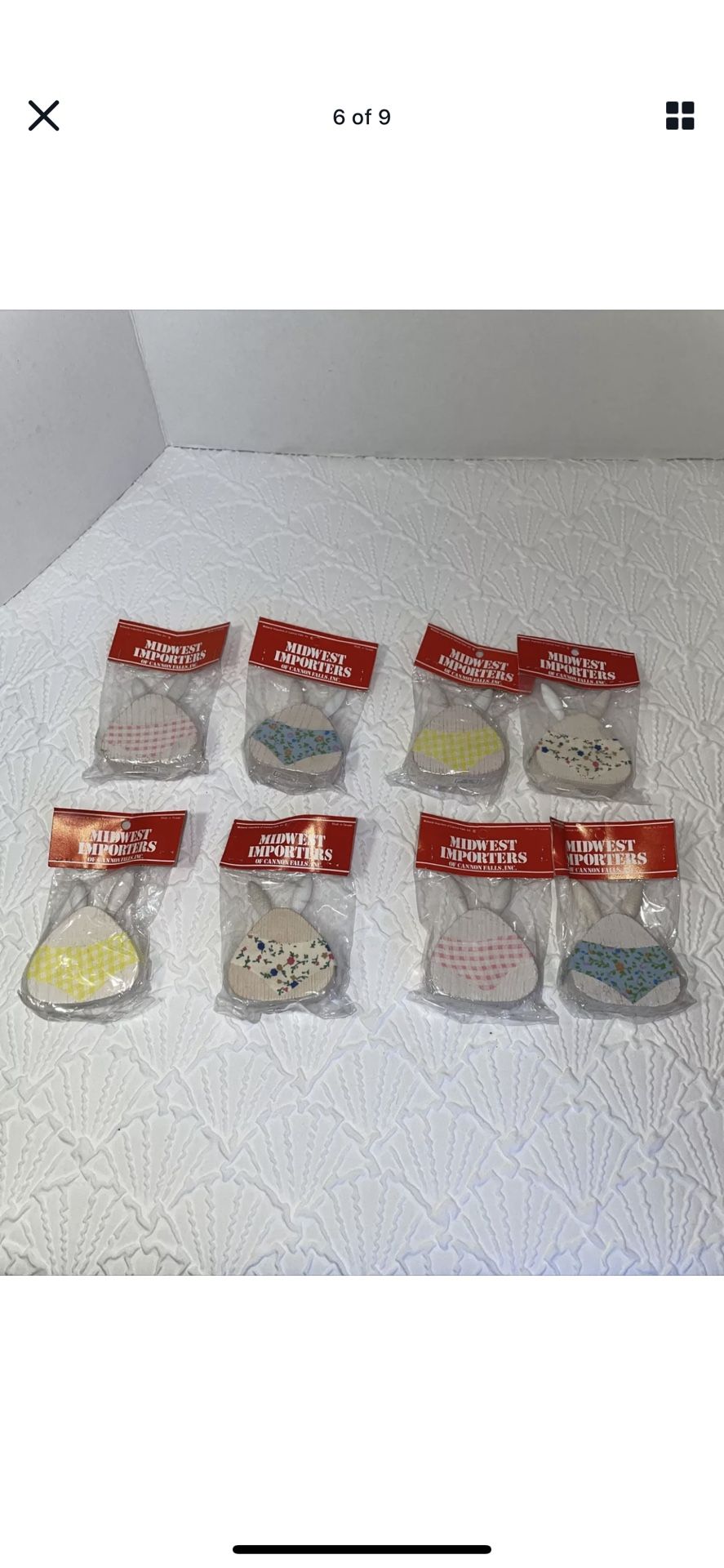 VTG Midwest Importers Of Canon Falls Wood Bunnies Ornaments Easter Like New Set of 6 Made in Taiwan! 3 matching sets!