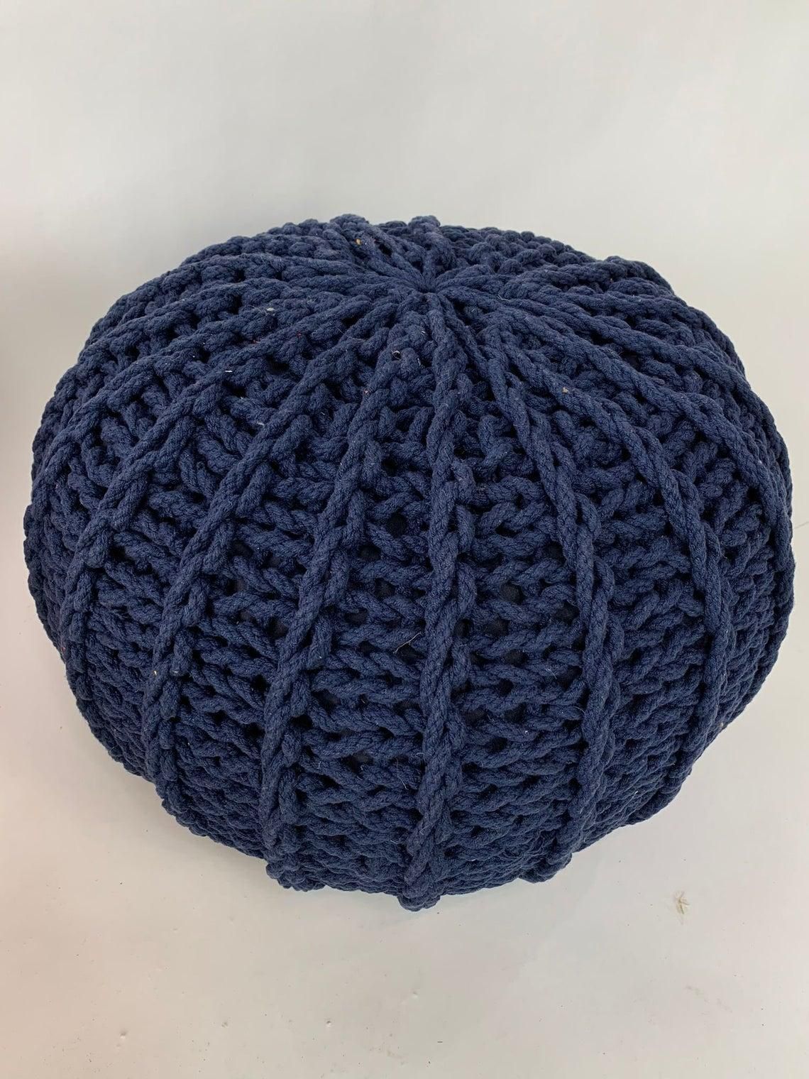 Knitted Round Foot Stool Twizler 100% Cotton Ottoman Braided Navy Pouf