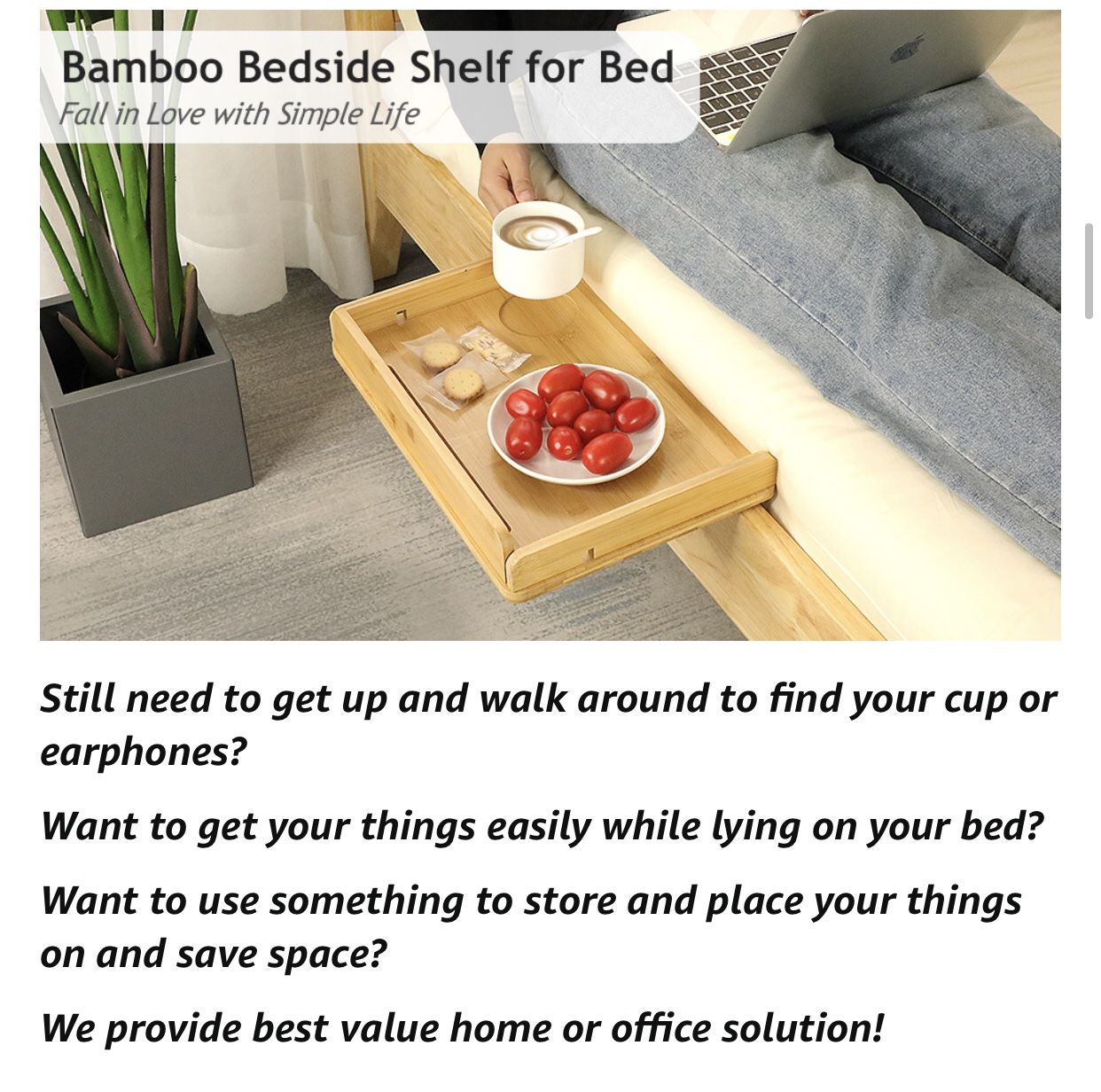  Bamboo Bedside Shelf for Bed with Cable Management & Cup Holder, Versatile Use as Snack Bedside Table, Tablet Holder