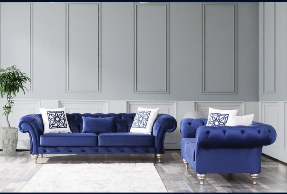 (BRAND NEW) Loretta Blue Velvet Sofa & Loveseat