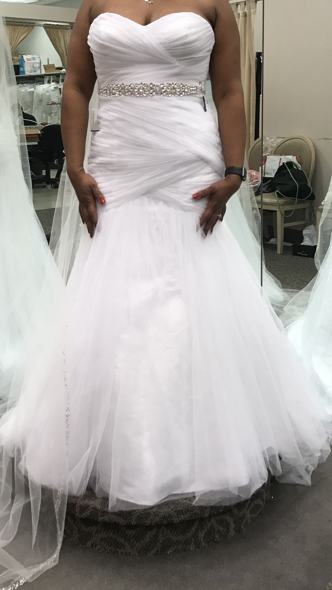 White Wedding Dress Sz. 14 Floor Length Crystal Sash Attached  