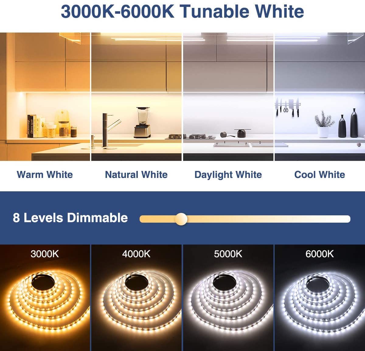 Under Cabinet Lighting Kit Dimmable Tunable White 3000K-6000K, 6 PCS LED Strip Lights with Remote Control Dimmer and Adapter for Kitchen Cabinet, Coun