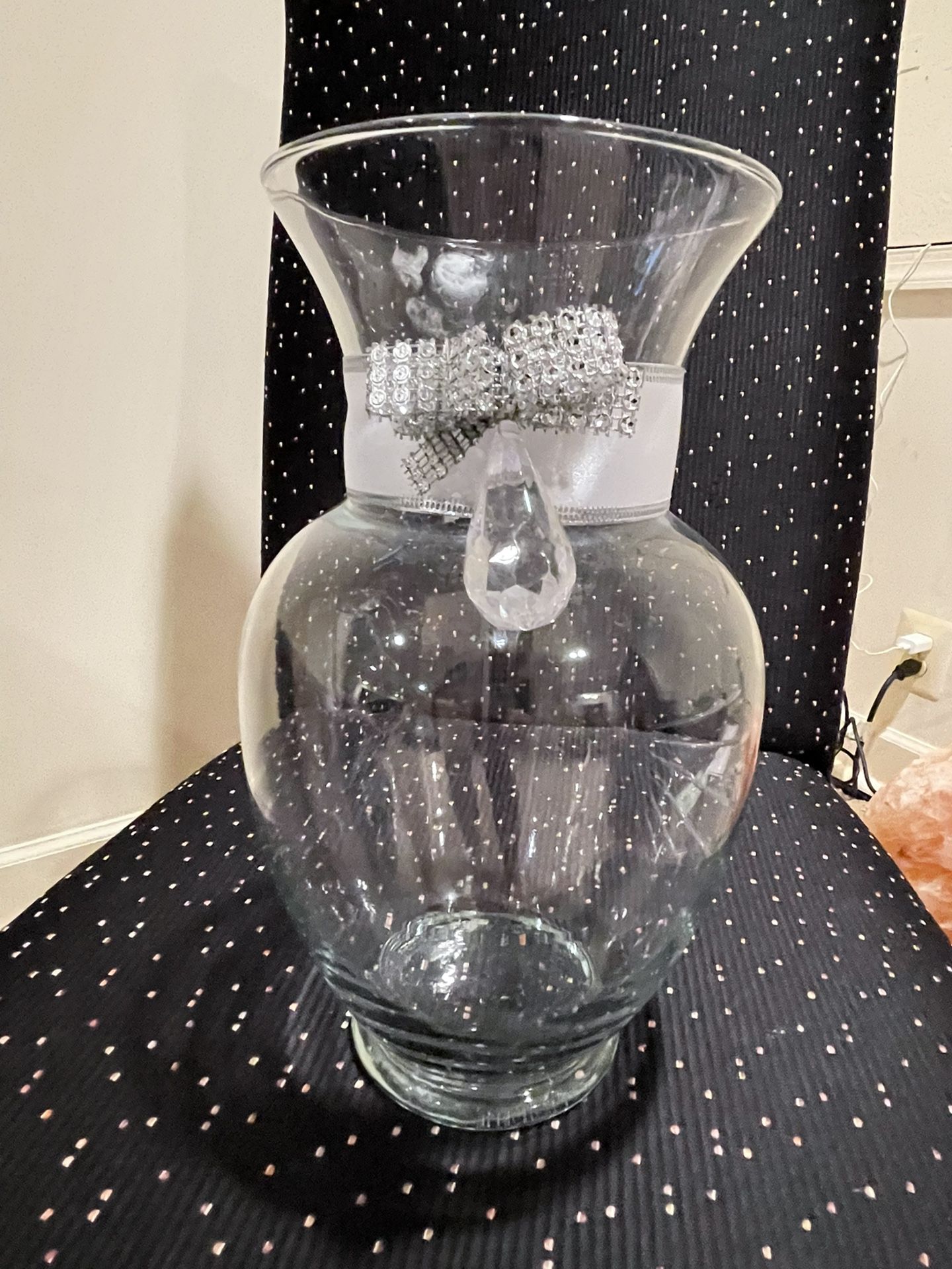 Glass Vase For Centerpiece with Silver Metallic Lace & Large acrylic Bead  