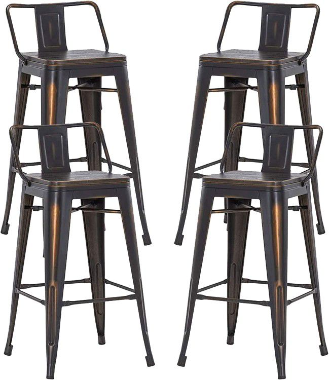 Alunaune 24" Metal Bar Stools Set of 4 Industrial Counter Height Bar Stools with Back Kitchen Bar Chairs Wooden Seat-Distressed Gold Black 