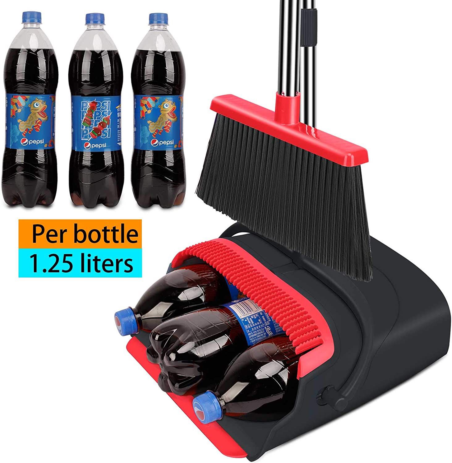 Broom and Dustpan set Large Size Dust pan and Stiff with 55.9 inch Long Handle, Stainless Steel Extra Long Handle Broom Is Easy To Clean And Assemble,