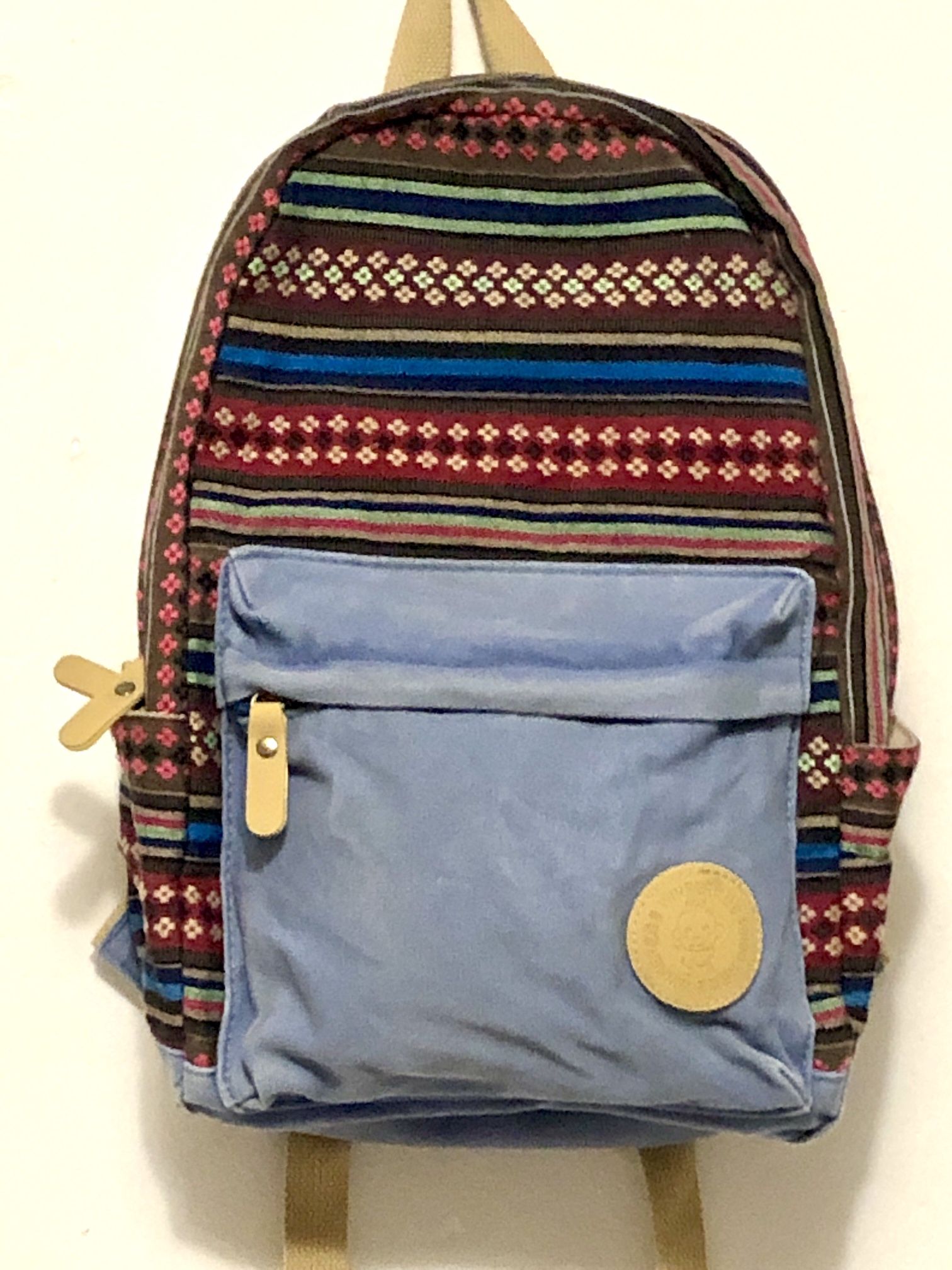 Backpack Aztec Tribal Mixed Fabric Print Blue Winner Monkey Logo
