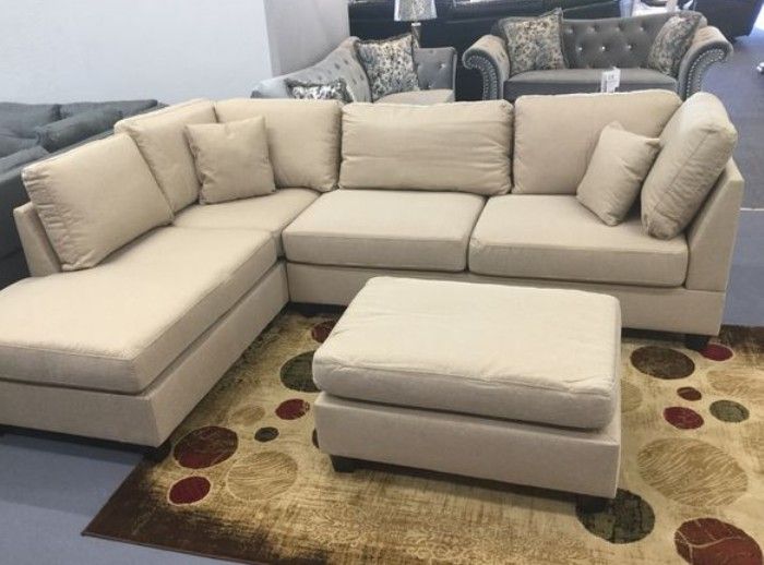Brand New Sand Color Linen Sectional Sofa Couch + Ottoman