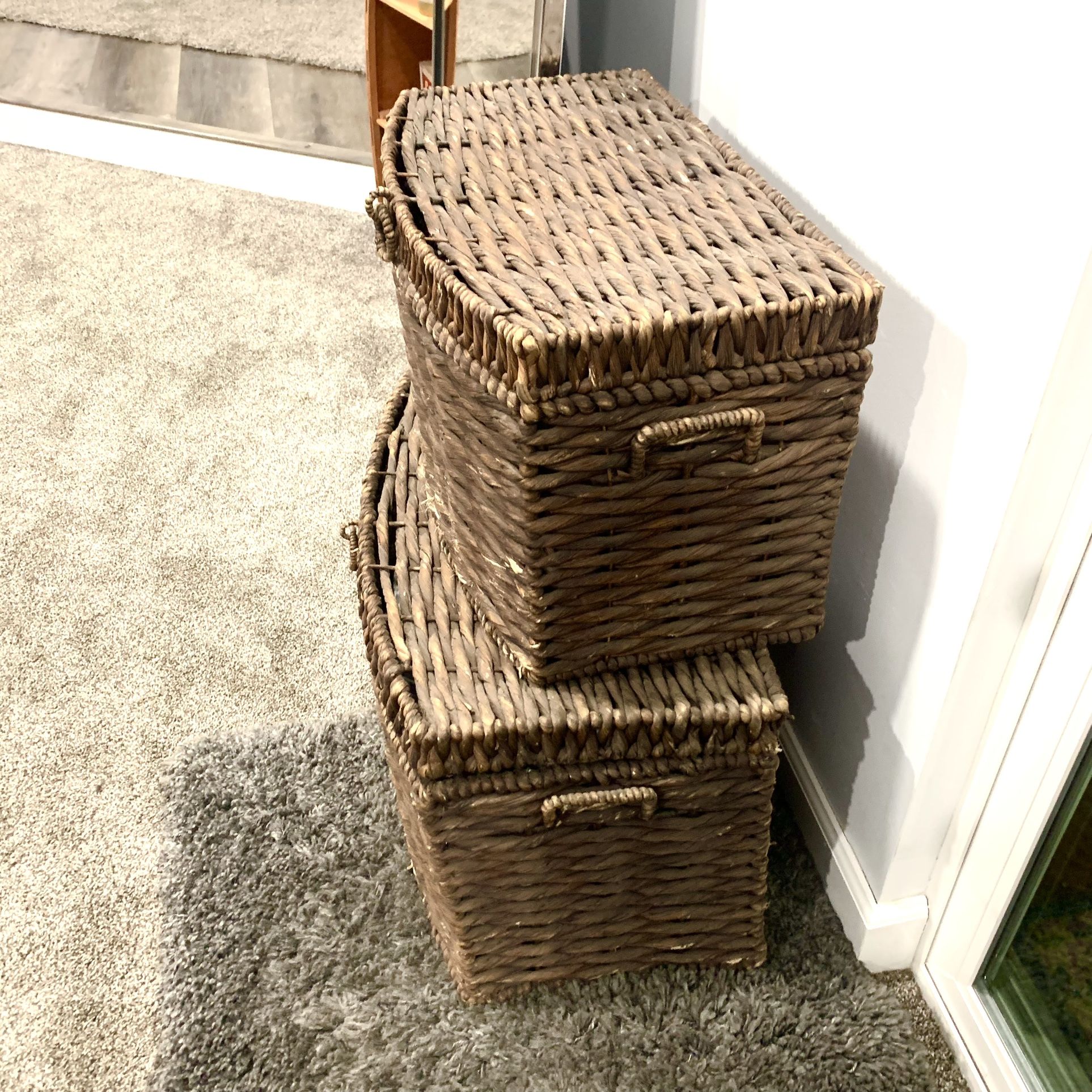 Restoration Hardware Set of 2 Nesting Baskets Decorative Woven Nursery Cute Closet Bins Shelves Table Organizer Rattan Wicker Boho Modern MCM Ikea