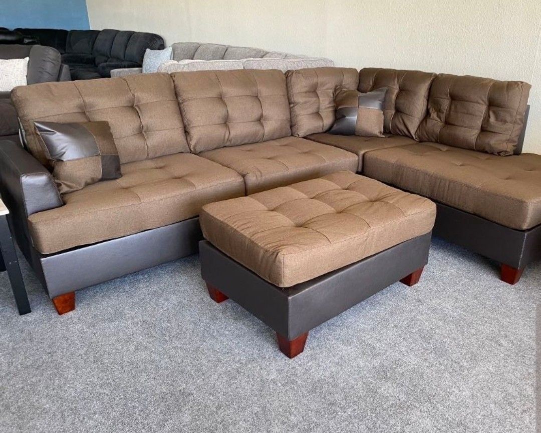 Brand New Brown Linen Sectional Sofa Couch +Ottoman