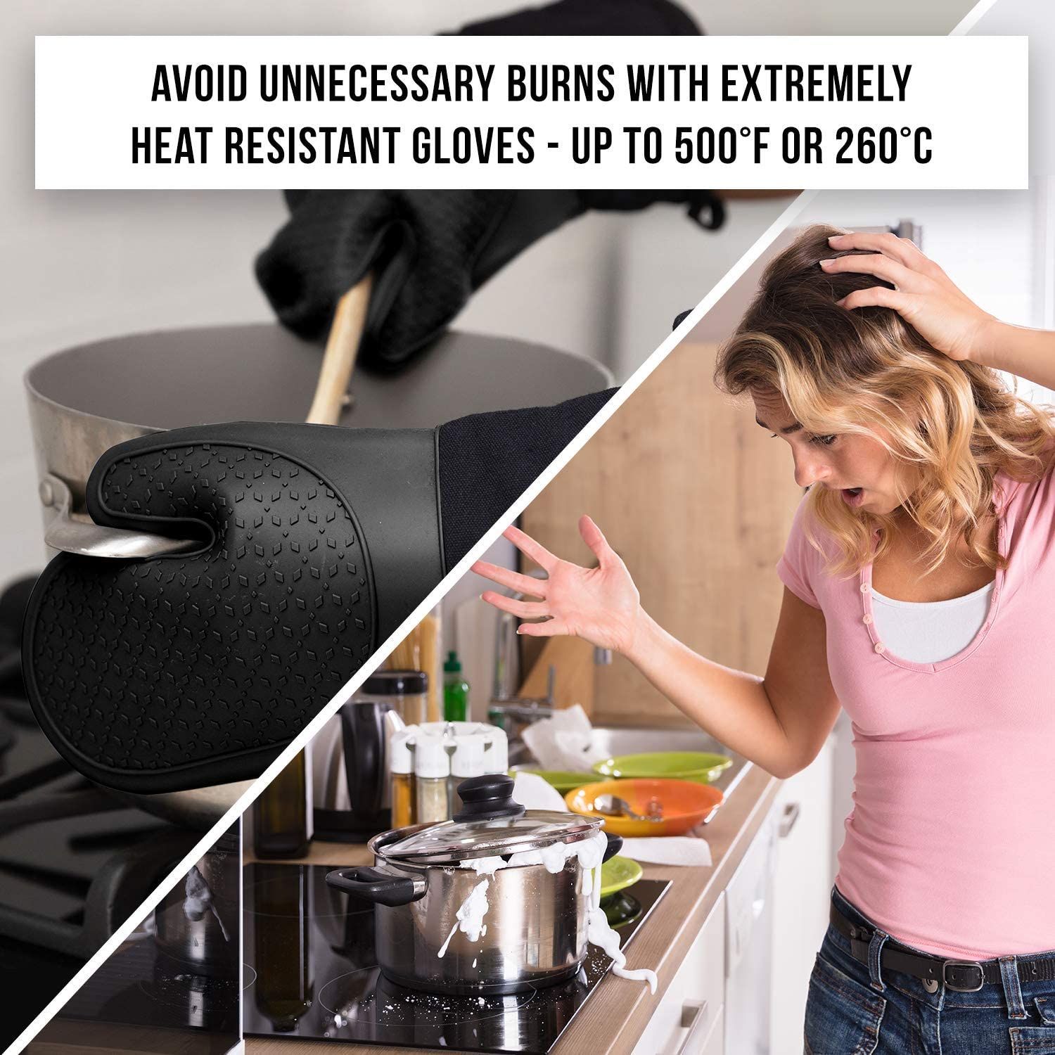 Silicone Oven Mitts Heat Resistant 500 Degrees - 2 Extra Long Silicone Oven Mitt Pot Holders - Food Safe Oven Gloves - BPA Free - Soft Inner Lining -