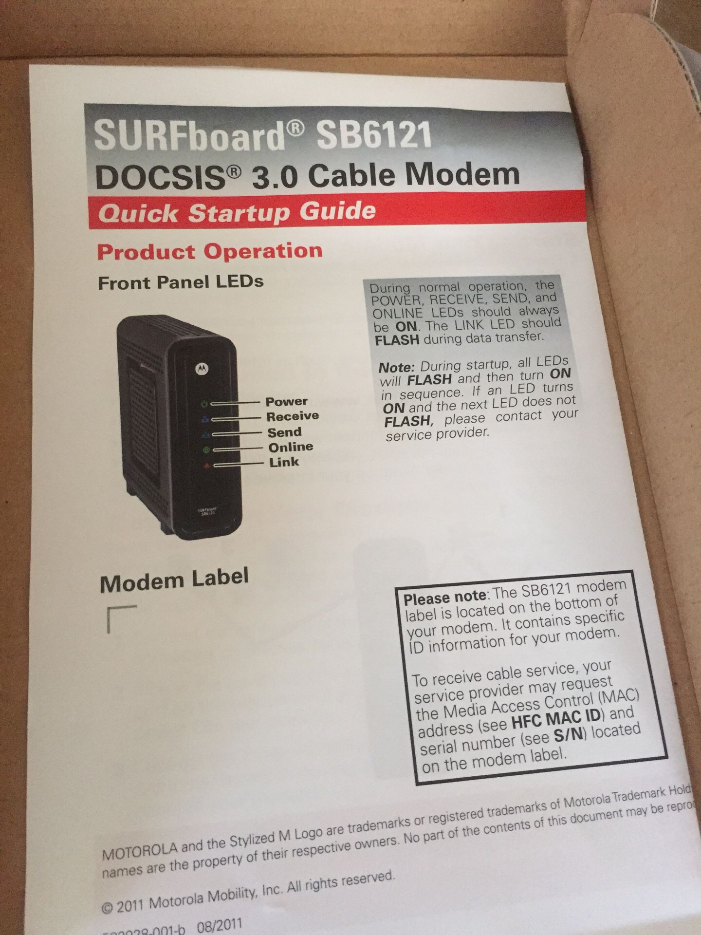 Used Motorola SURFboard Cable Modem Model SB6121 with Original Box