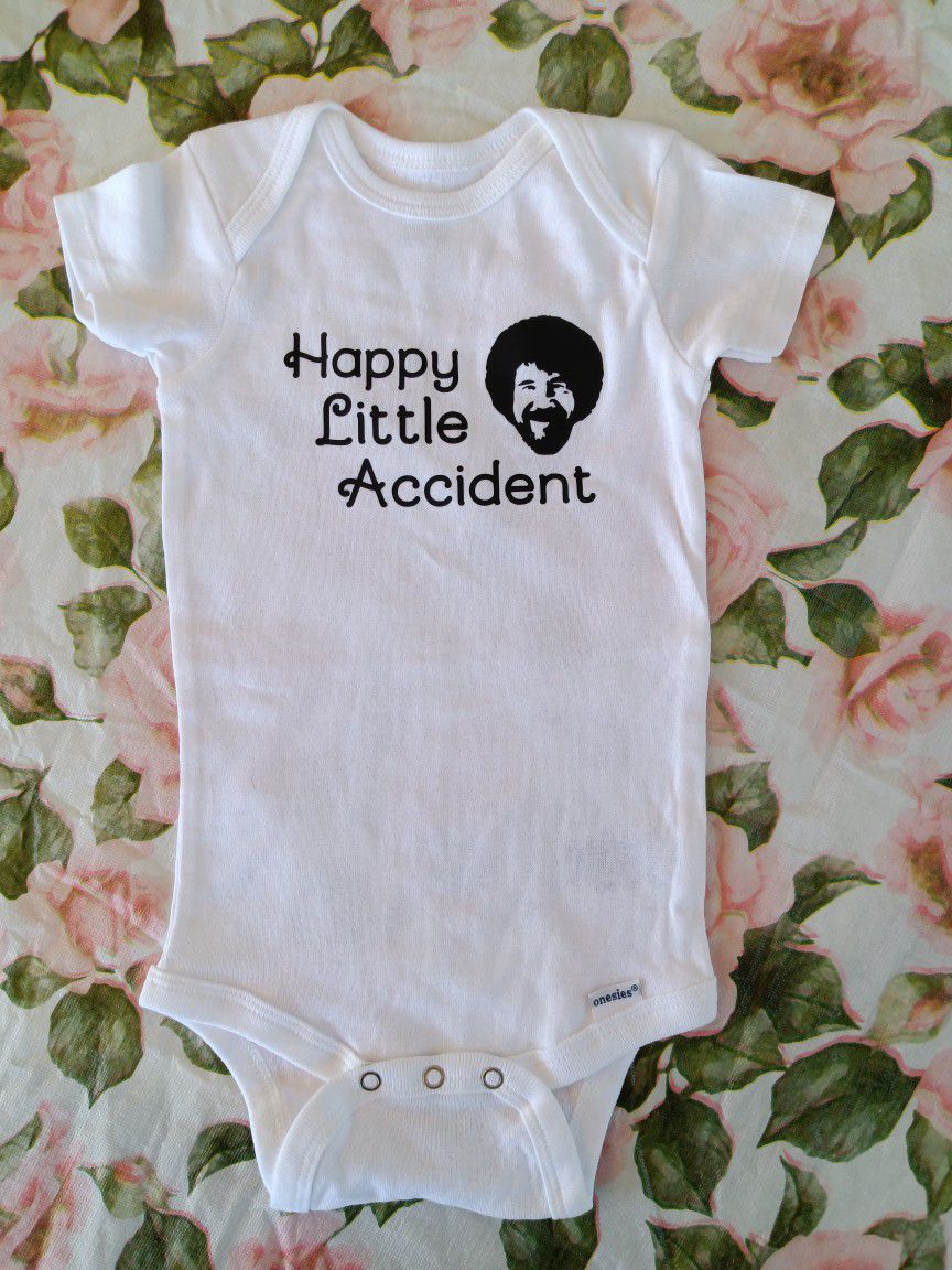 ❤️ Bob Ross , Gerber "Happy Little Accident" 🎨 Baby Onesie 🌼 3-6 months!