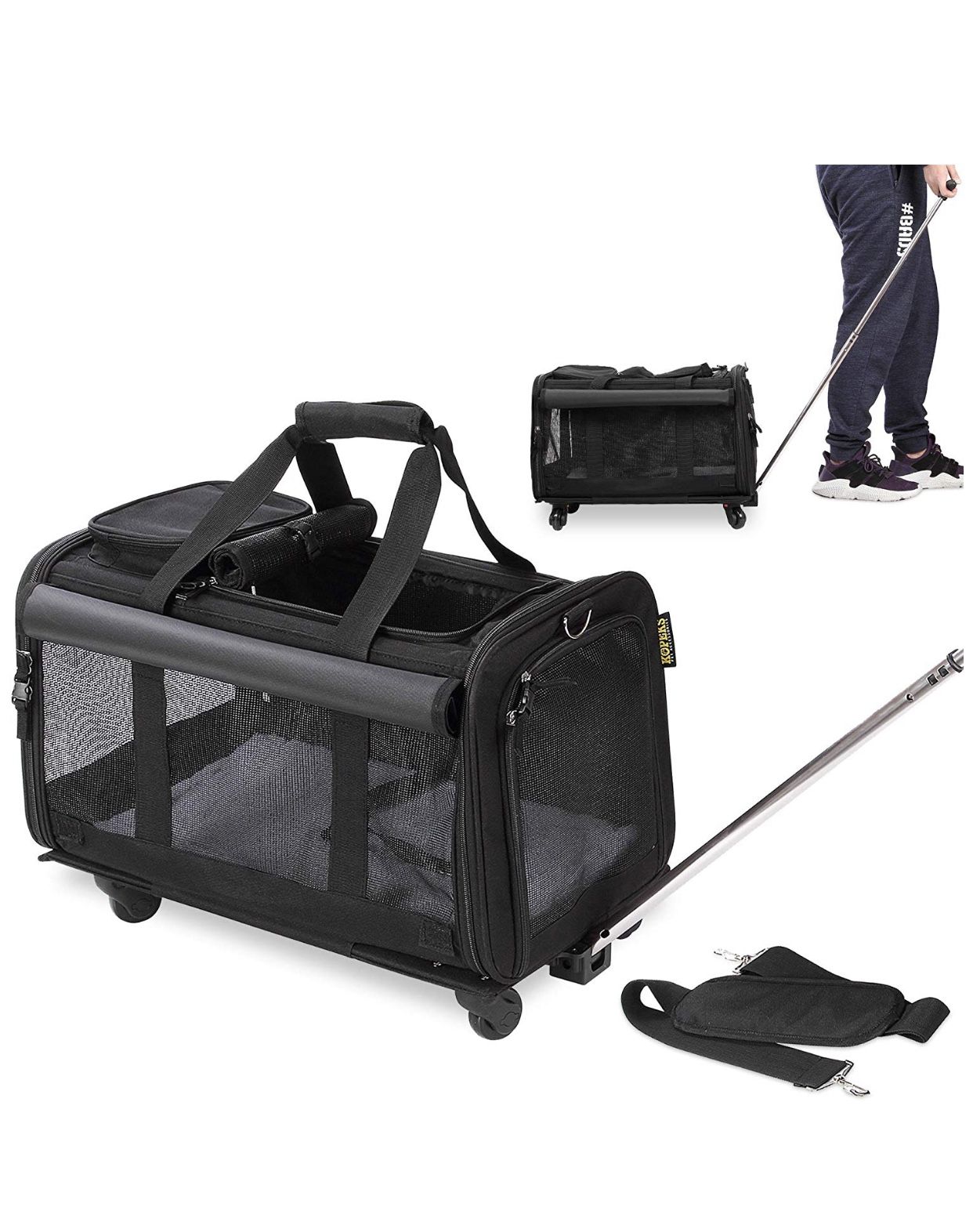KOPEKS Pet Carrier with Detachable Wheels for Small and Medium Dogs & Cats - Black, Pink.