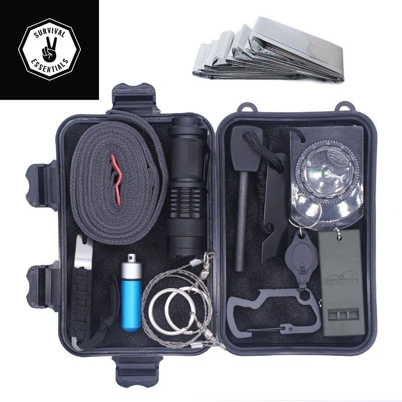 Survival Essentials - 12 in 1 Portable Survival Kit Gear Tactical Emergency Tools Tool Kit- For Outdoor Camping, Hiking, Hunting, Fishing, & More!