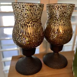 New-Glass Mosiac Pillar Candle Holder- Set Of 2-Includes 2 LED Cream Colored Battery Operated Candles With Purchase   Thumbnail