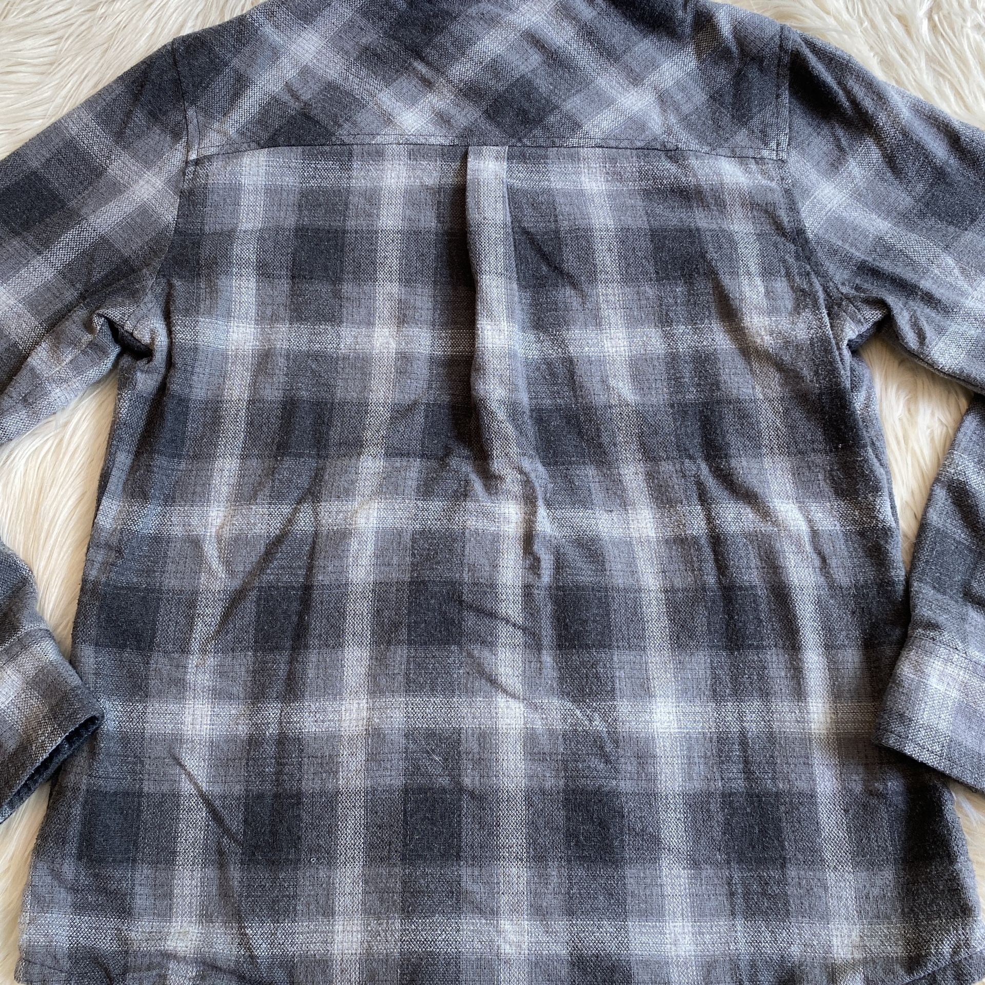 PrAna Grey Plaid Flannel Jersey Lined Long Sleeve Snap Shirt Pockets Women’s M