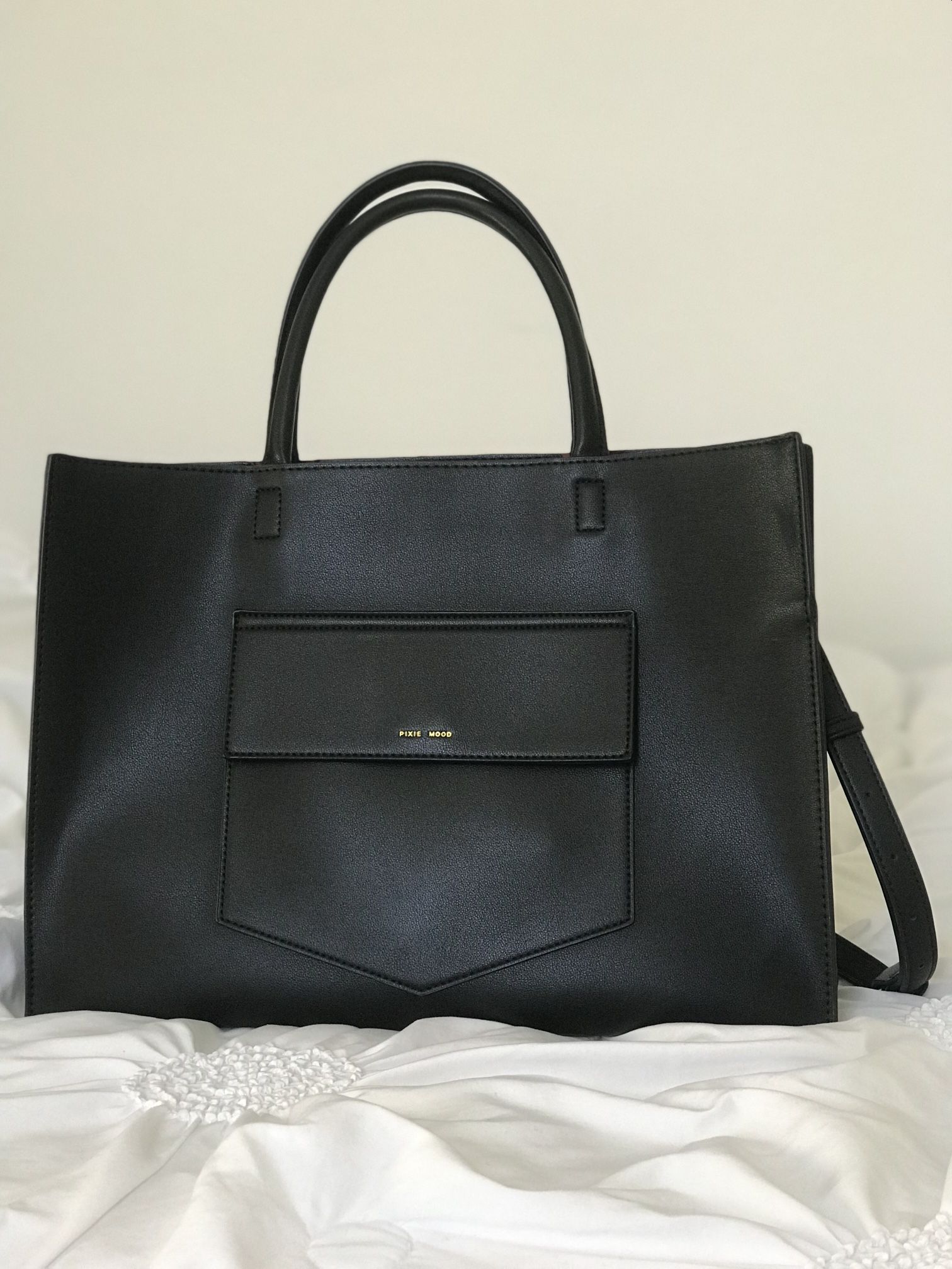 Black Pixie Mood Caitlin 15.5 x 11.5 Vegan Leather Large Tote Bag