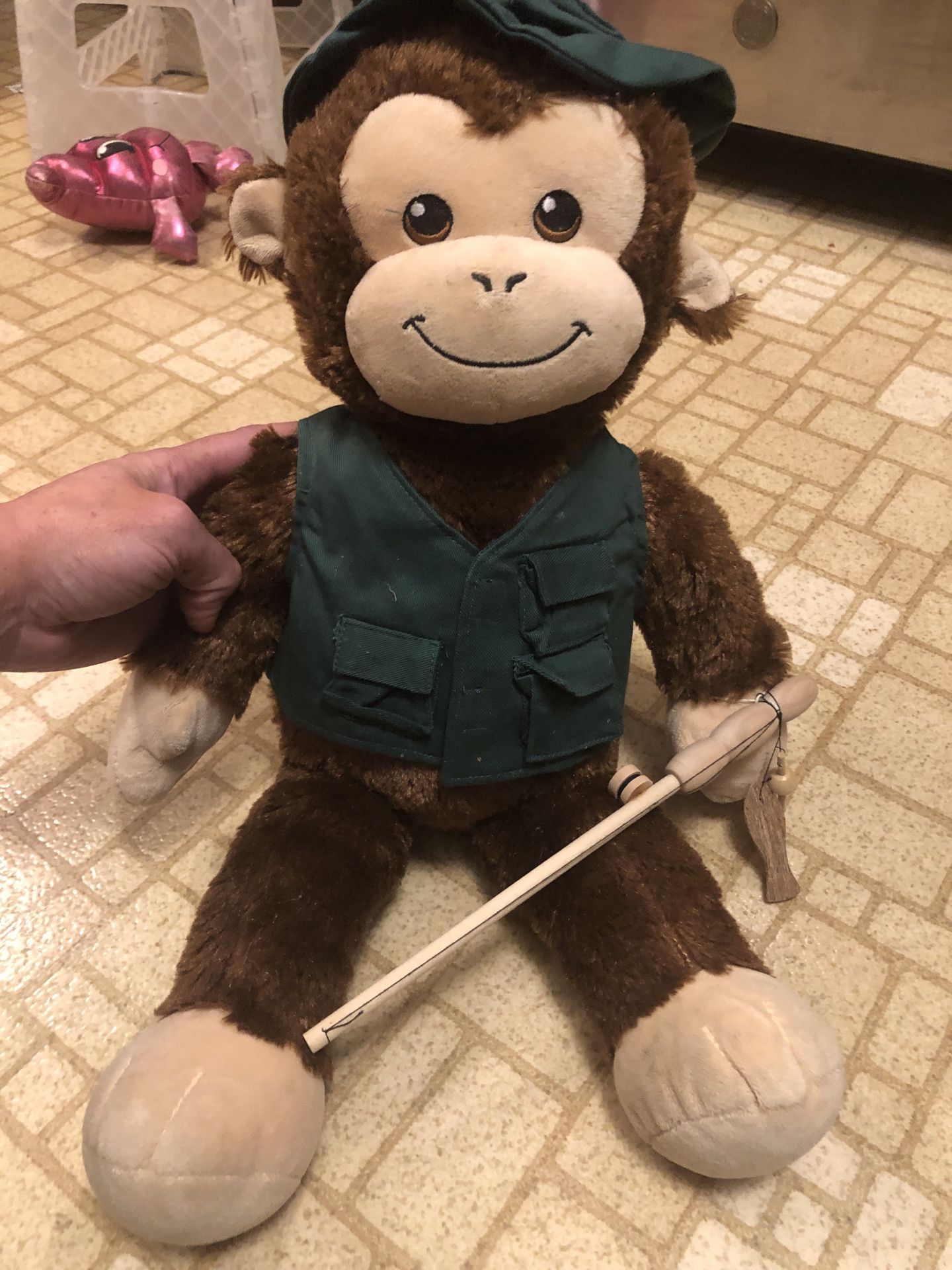 Build a bear stuffed plush monkey with hat vest and fishing pole 15 inches