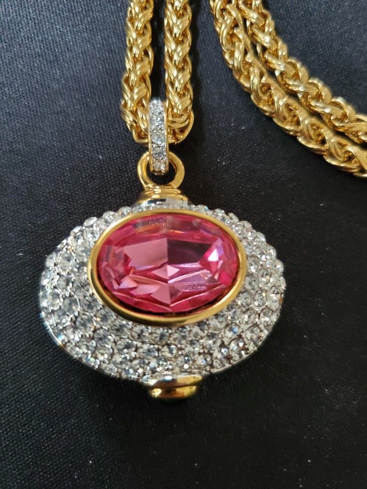 Necklace NOLAN MILLER VINTAGE Reversible - Rhinestones and Pink and Green Stone - Earrings Clip On