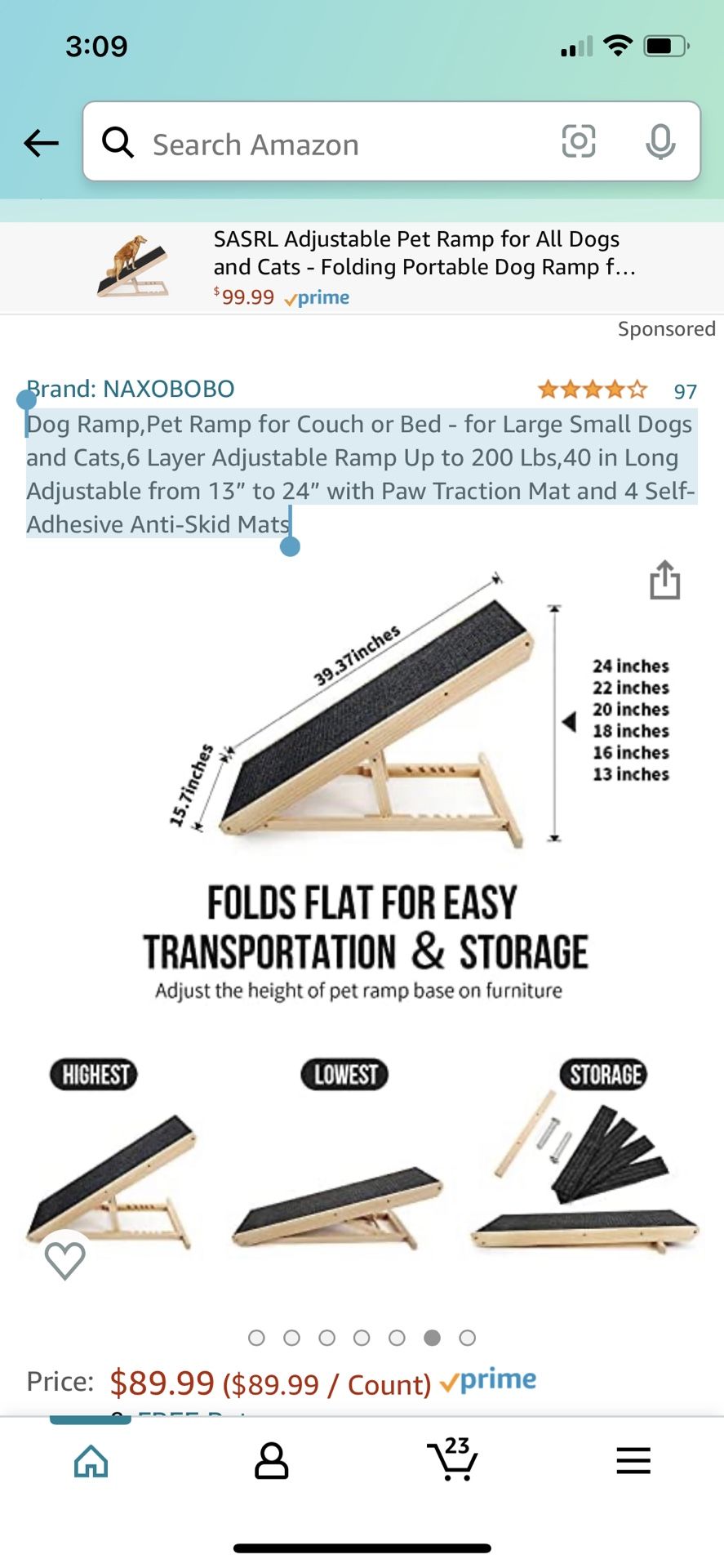 Dog Ramp,Pet Ramp for Couch or Bed - for Large Small Dogs and Cats,6 Layer Adjustable Ramp Up to 200 Lbs,40 in Long Adjustable from 13” to 24” with Pa