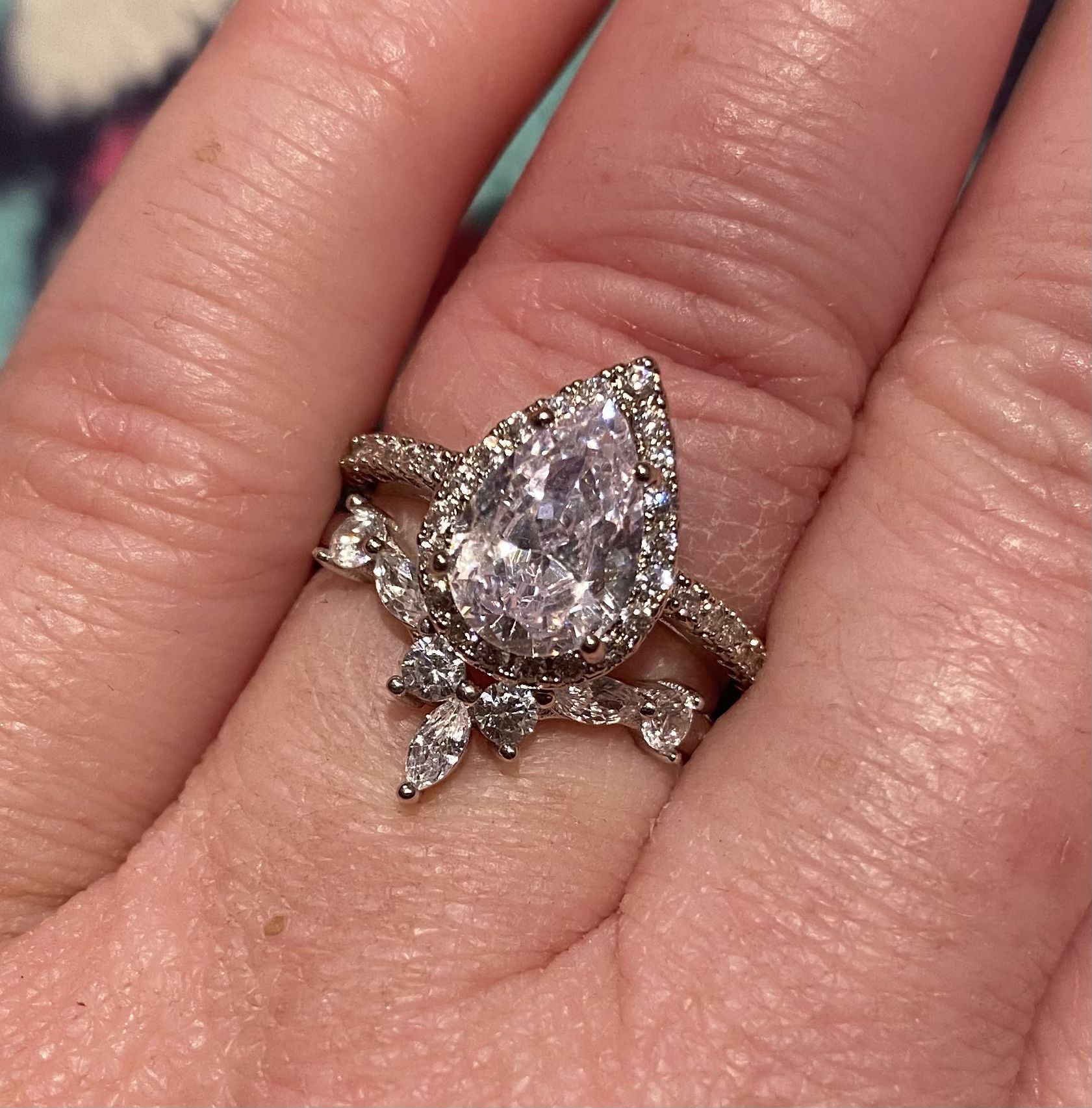 Tear Cut Diamond Halo Silver Ring S925 Sz 6,8,9,10