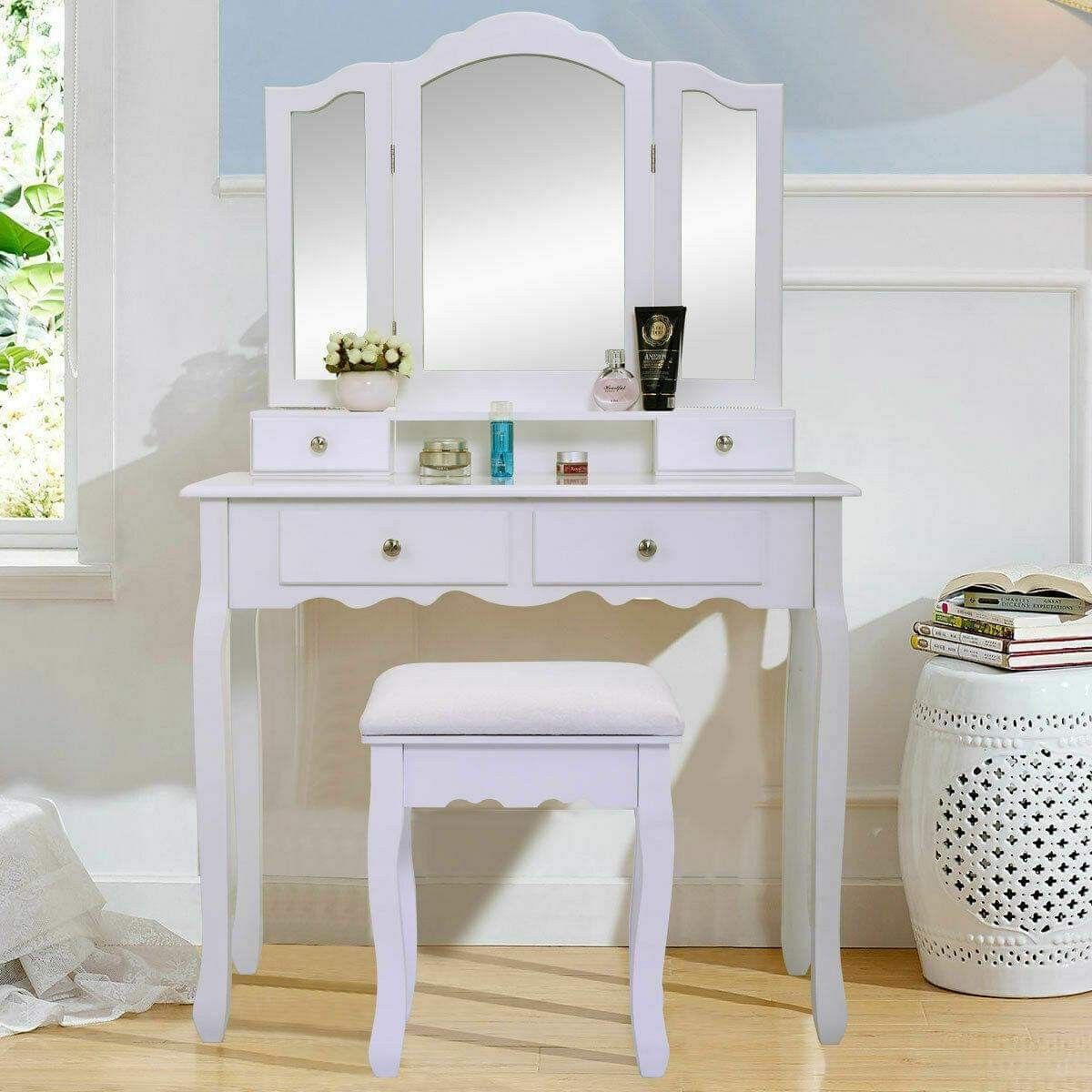 🔥BRAND NEW White Vanity Set with Foldable Mirrors