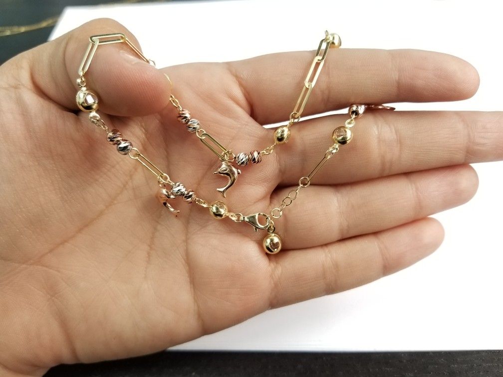 10k Yellow White Rose Ball Diamond Cut Gold Dolpine Anklet Paper Clip Oro Rose Blanco Amarillo Tobillera 10 Inches Pulgadas