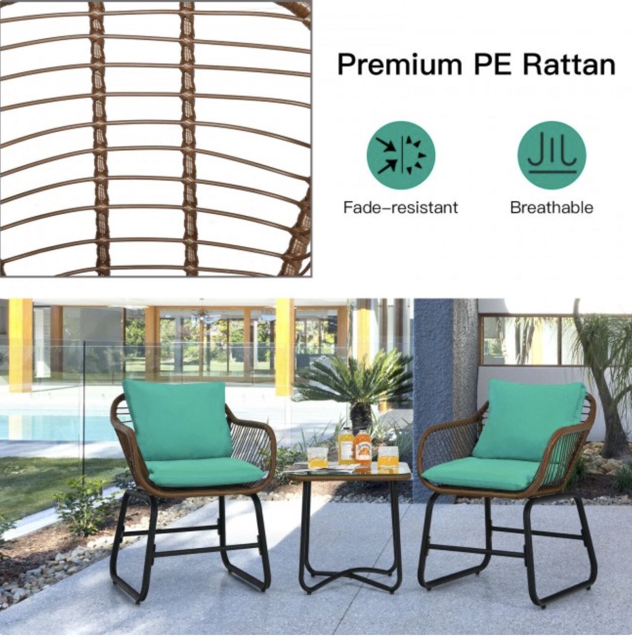3 Pcs Bistro Set Cushioned Chairs Glass Table Rattan Furniture 