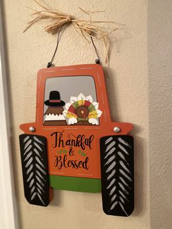 Fall Autumn Thankful & Blessed Pilgrim, Turkey  & Farmhouse Tractor Hanging Wood Sign Thumbnail