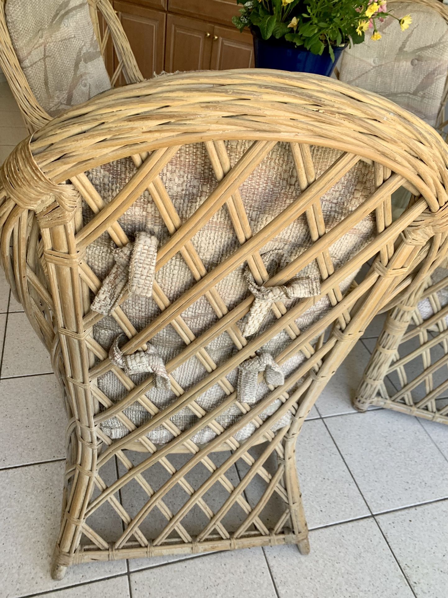 Glass Top Wicker/Wood Table & Four Chairs