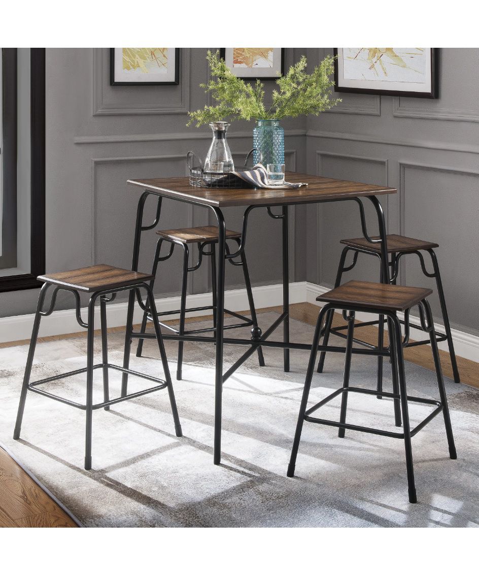 NEW ( 5 Piece ) Counter Height Dining Table Set + 4 Chairs - Metal Wood Grain Kitchen Top Barstool Seats High Bar Stool Dinner Room Bench Walnut -READ