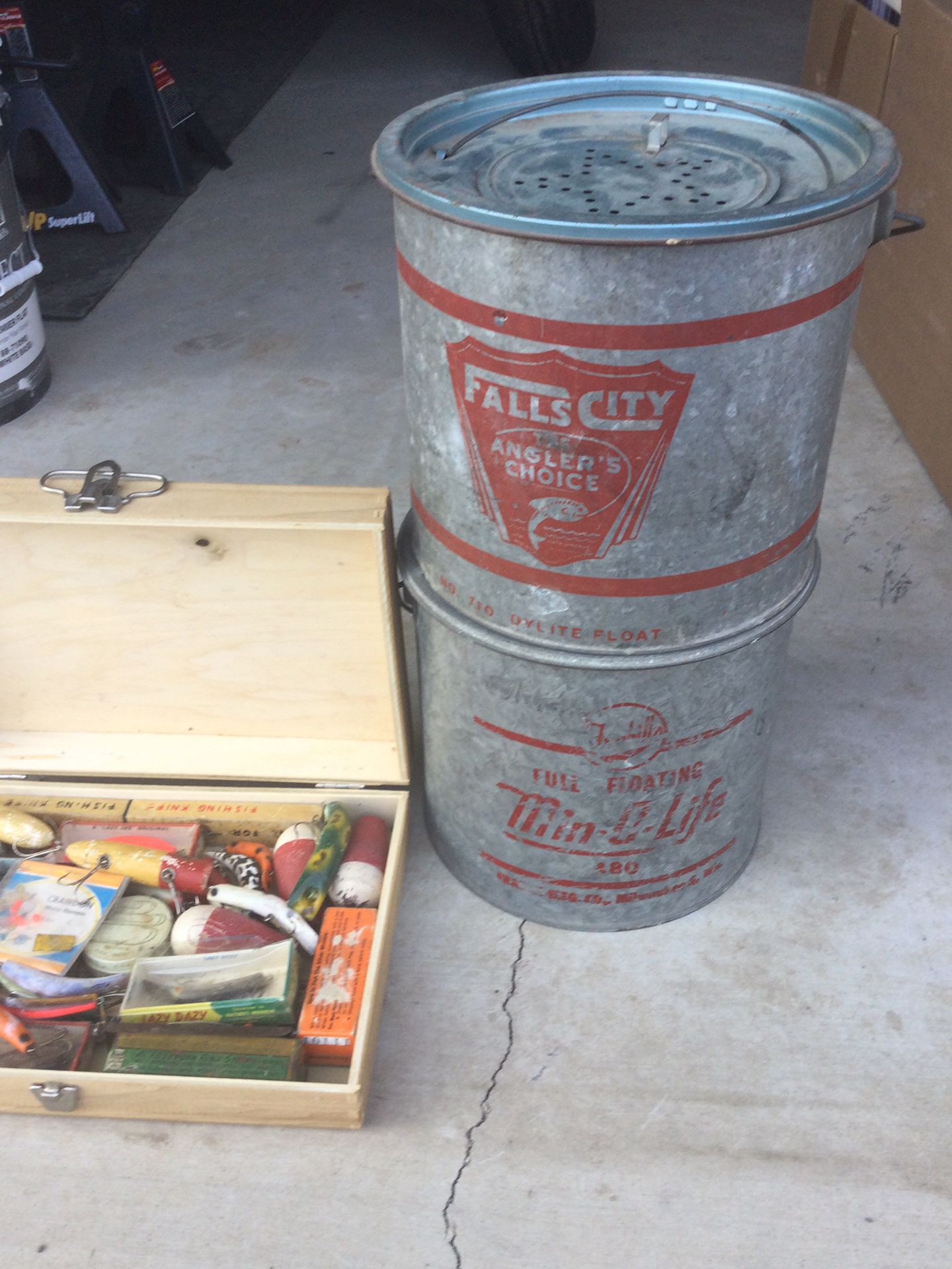 Antique Fishing Tackle And Bait Buckets 