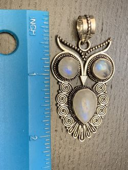 925 Sterling Silver Moonstone Artisan Owl Pendant  Thumbnail