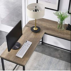 Home/ Office L-Shaped Computer Desk, Industrial Wood & Metal Sturdy Corner Desk w/ Shelves Thumbnail