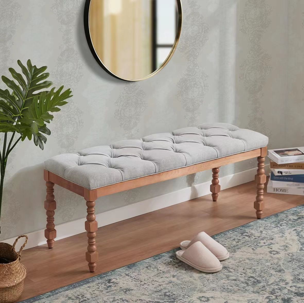 HUIMO Entryway Bench,Upholstered Dining Bench46-inch Button-Tufted Fabric End of Bed Bench for Bedroom, Living Room, Hallway, Seat for Kitchen, French