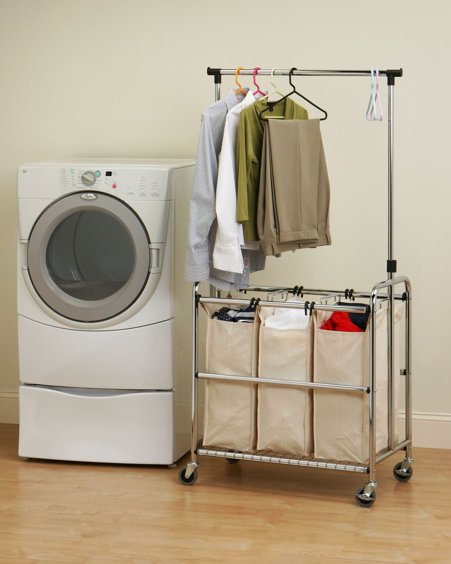 Seville Classics Laundry Hamper Sorter Cart Mobile Premium 3-Bag with Clothes Rack, Chrome