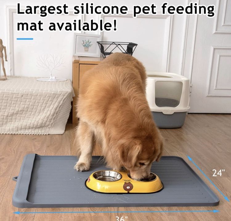 Dog Mat for Food and Water, 36”x24” Silicone Dog Food Mat with a Pocket for Collect Residue, Non Slip Dog Bowl Mat Anti-bite Pet Food Mats Waterproof
