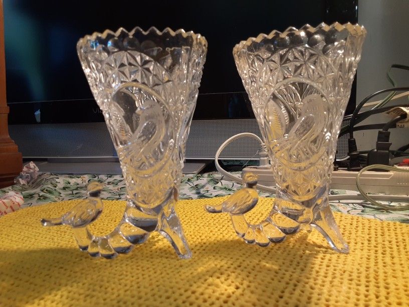 TWO GORGEOUS LOOKING BIRD VASES CRYSTAL GLASS