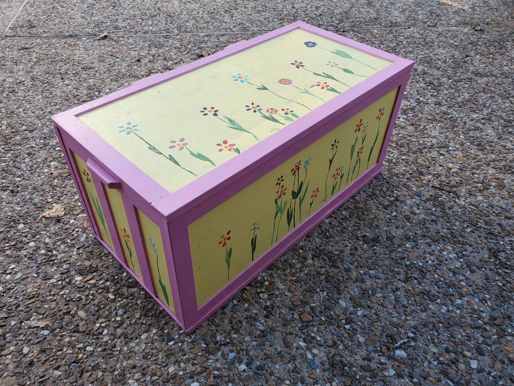 Pink And Yellow Toy Box With Hand Painted Flowers