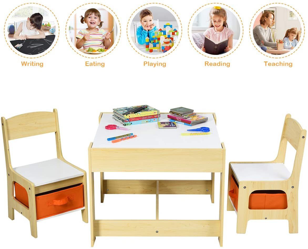 Kids Wood Table & 2 Chair Set, Children Activity Table Desk Sets w/Storage Drawer