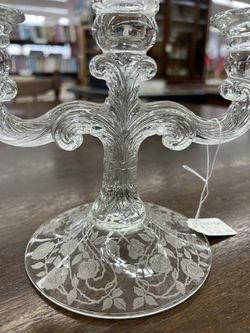 Vintage Candelabra With Beautiful Etched Flowers At Base Thumbnail