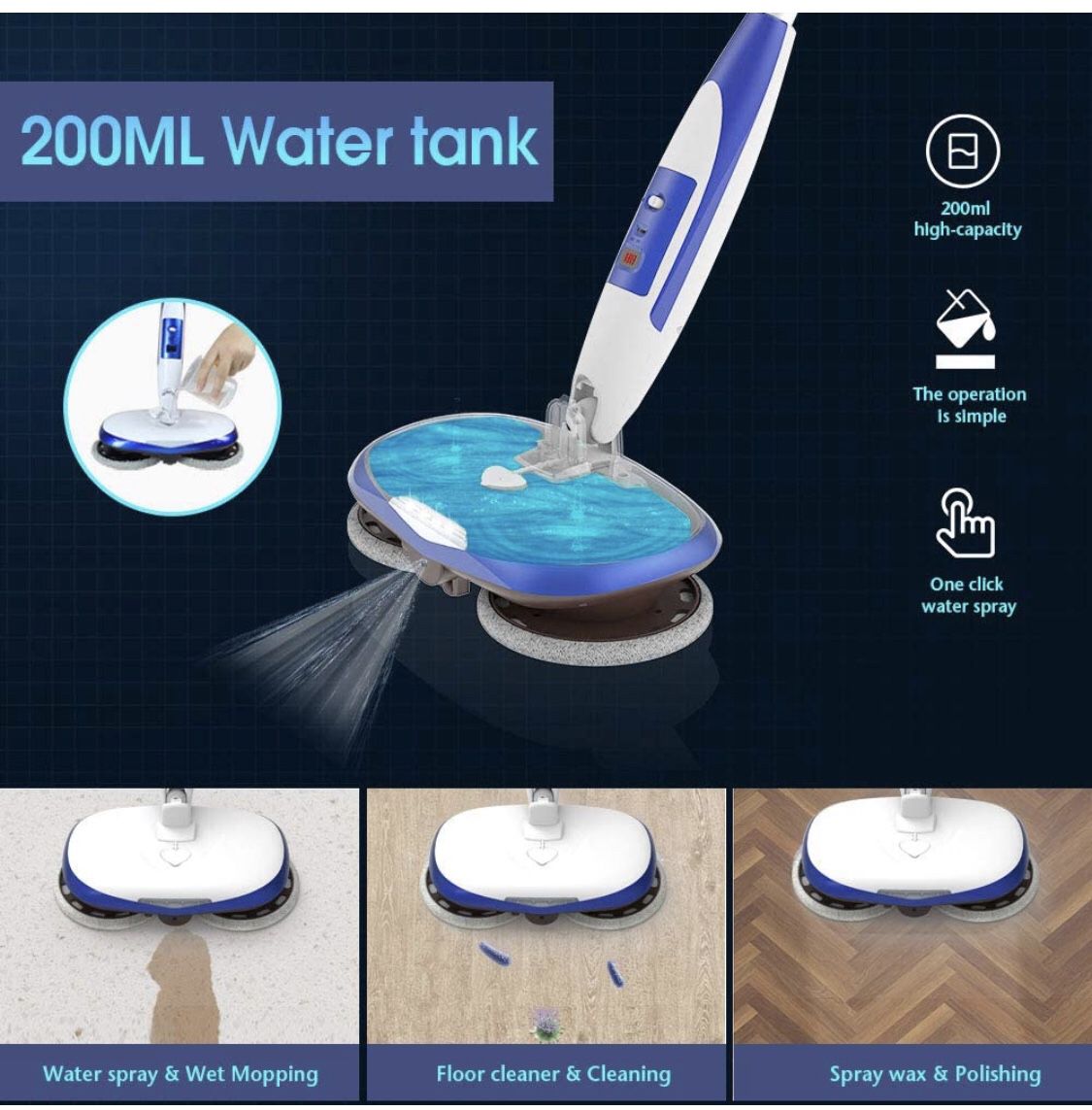 Cordless Electric Spin Mop, Floor Cleaner with Built-in 200ml Water Tank, Blue