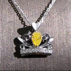 "Lovely Crown Shape Yellow Crystal Pur Pear Zircon Silver Necklace, L591
 Thumbnail