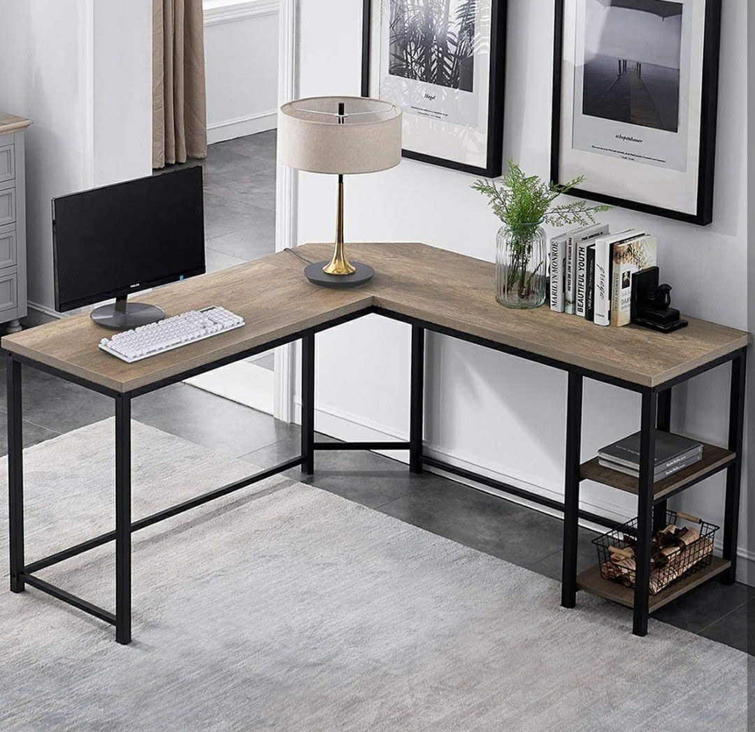 Home/ Office L-Shaped Computer Desk, Industrial Wood & Metal Sturdy Corner Desk w/ Shelves