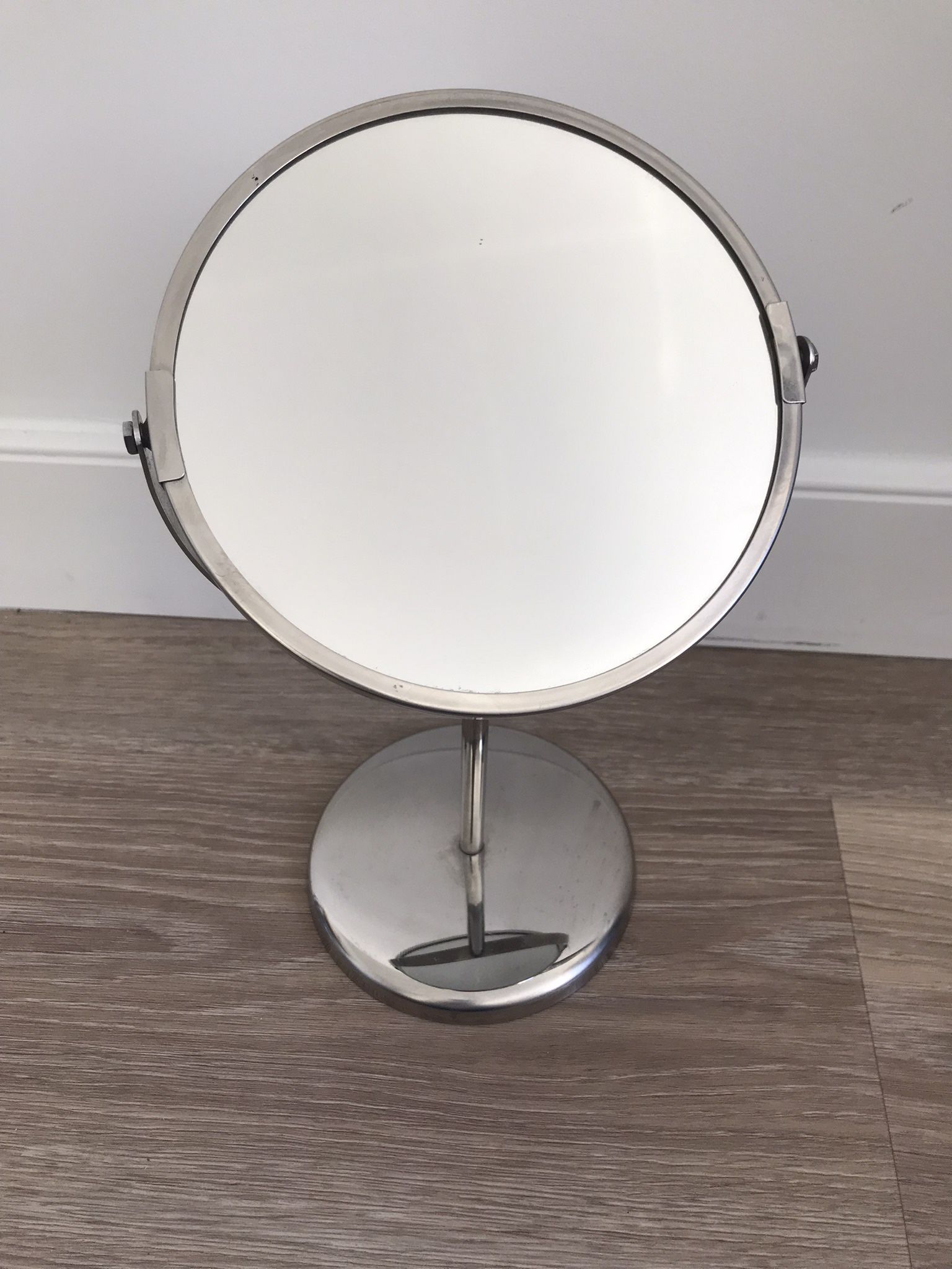 Double sided mirror for makeup vanity magnifying swivel silver steel chrome 