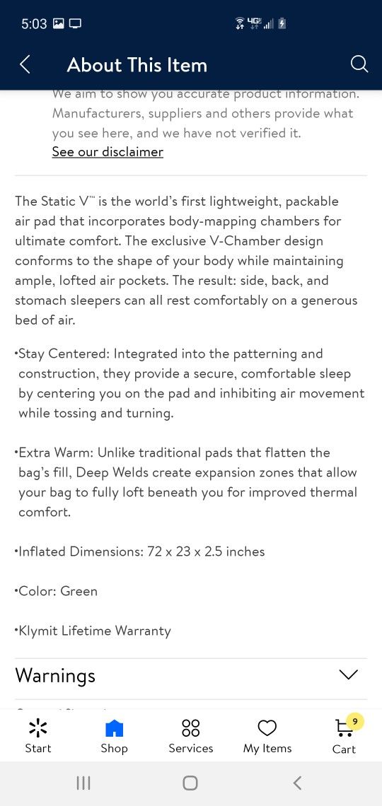 New Klymit Static V Outdoor Camping Sleeping Pad 73×23 In.. Below Retail Price 4left Retails For $55 Selling For $30each ..
